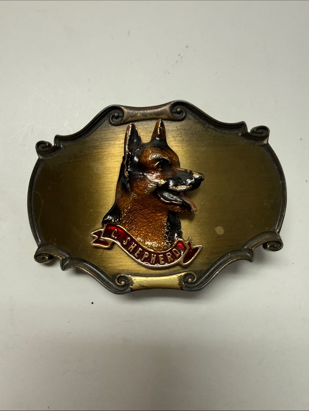 Vintage 1980 enamel German Shepherd Decorative belt buckle -